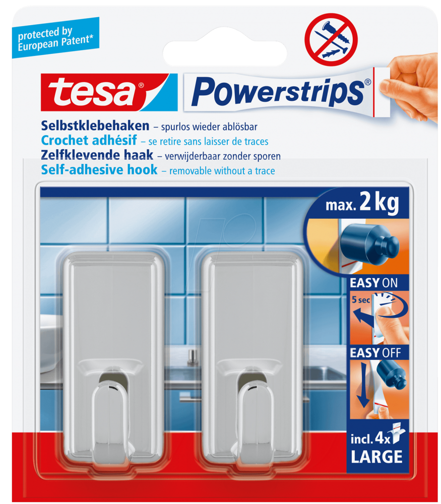 TESA SELF-ASHESIVE HOOKS CHROME 2PCS LARGE (2CMX5CM)