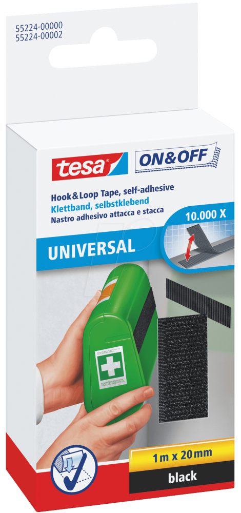 TESA ON & OFF UNIVERSAL VELCRO TAPE 1MX20MM BLACK