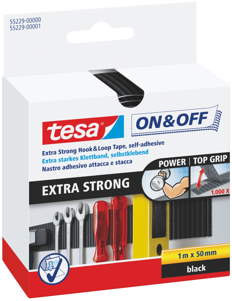 TESA ON & OFF EXTRA STRONG VELCRO TAPE 1MX50MM BLACK EXTRA