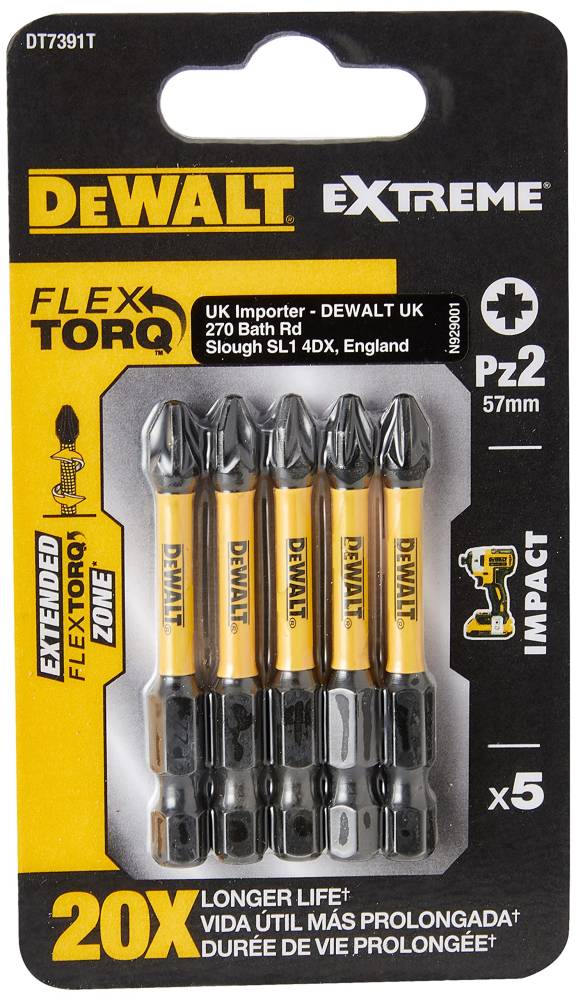 SCREWDRIVING BITS PZ2 57MM IMPACT (5PCS) DEWALT DT3911