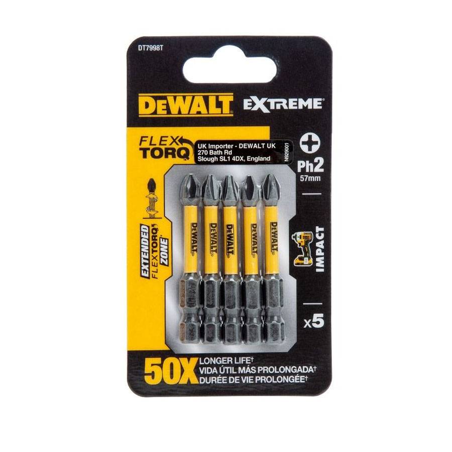 SCREWDRIVING BITS PH2 50MM IMPACT TORSION 5PCS DEWALT DT7998T